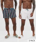 Asos Design Swim Shorts In Short Length Stripes & Off-white 2 Pack Multipack Saving