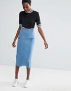 Asos Denim Midi Pencil Skirt In Mid Wash Blue - Blue