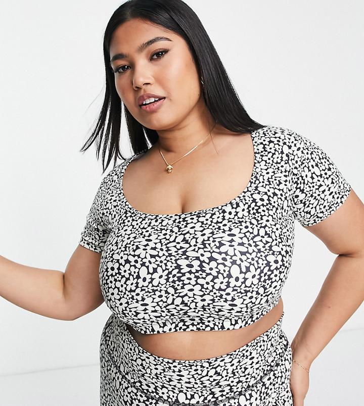 Daisy Street Plus Active Daisy Print Crop Top In Black And Cream