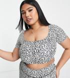 Daisy Street Plus Active Daisy Print Crop Top In Black And Cream