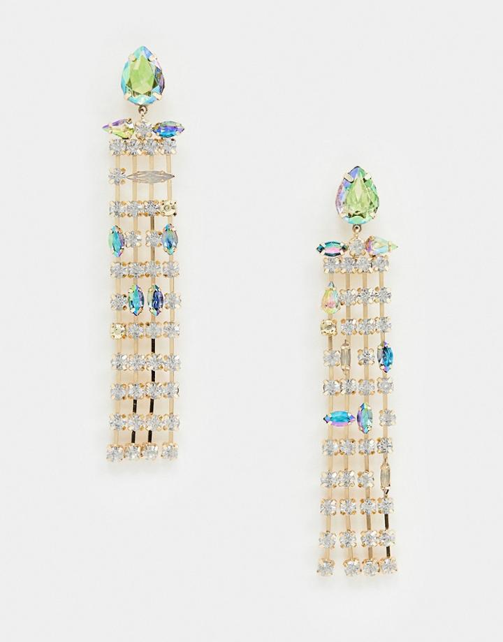 Asos Design Statement Earrings In Asymmetric Pastel Crystal Drops In Gold