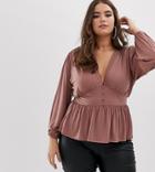 Asos Design Curve Long Sleeve Top With Balloon Sleeve And Corset Waist - Pink
