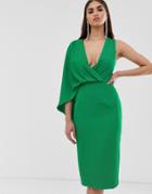 Lavish Alice One Shoulder Caped Midi Dress In Green - Green