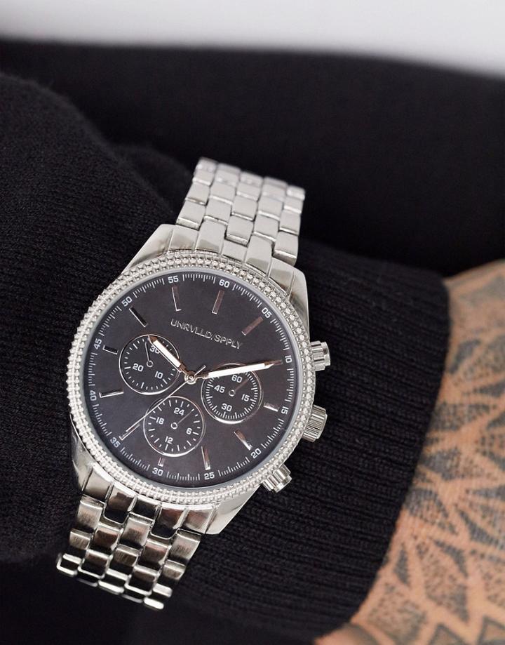 Asos Design Bracelet Watch With Matte And Shiny Design In Silver Tone