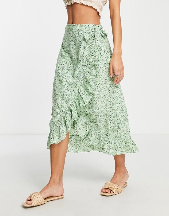 Vero Moda Frill Detail Midi Skirt In Green Floral