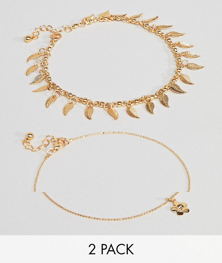 Asos Design Pack Of 2 Feather And Petal Chain Anklets - Gold