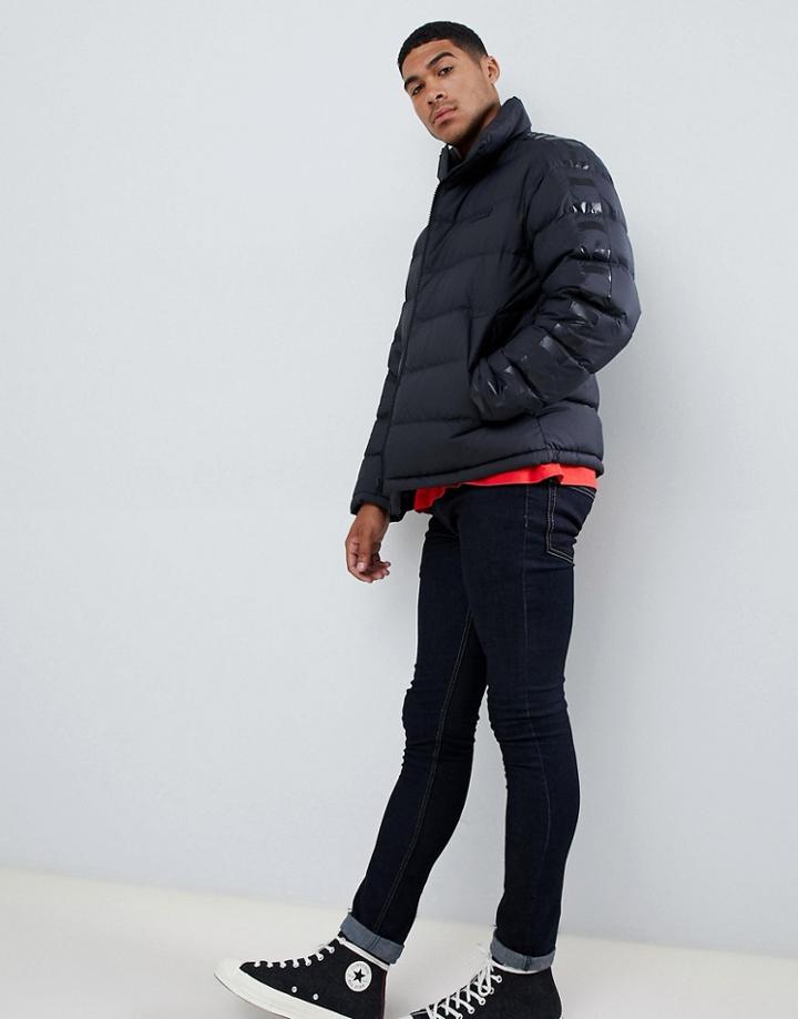 Hugo Biron Down Puffer Jacket With Taped Sleeve And Chest Logo In Black - Black