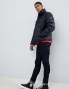 Hugo Biron Down Puffer Jacket With Taped Sleeve And Chest Logo In Black - Black