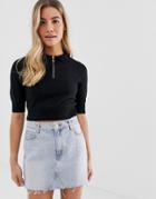 Asos Design Knitted Polo Top With Zip Detail - Black