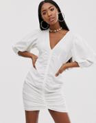 Asos Design Ruched Mini Dress With Puff Sleeves - White