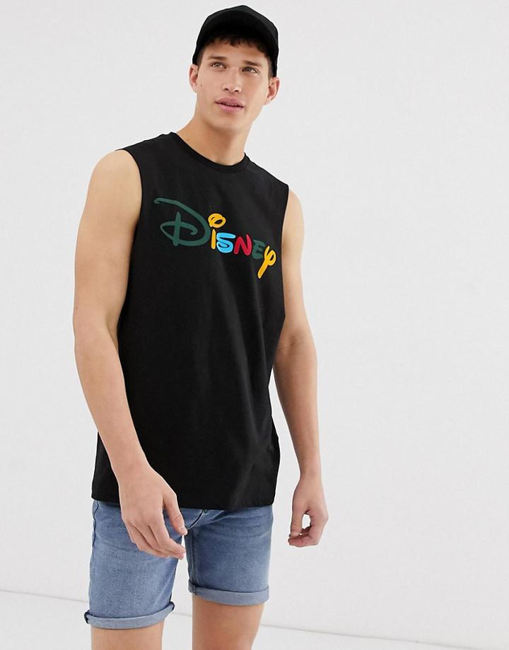 Asos Design Disney Sleeveless T-shirt With Dropped Armhole And Rainbow Text-black