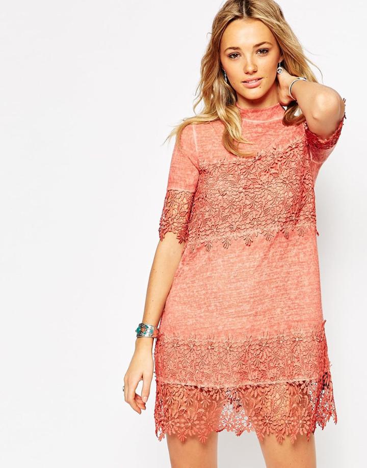 Asos Washed Swing Dress With 3d Lace - Rust