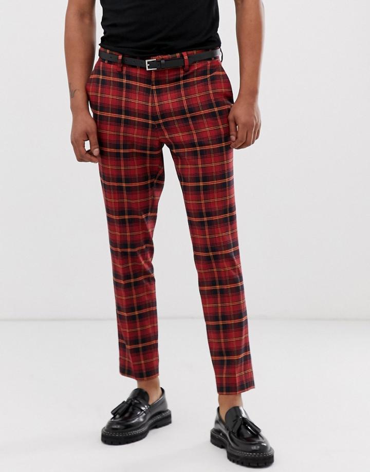 River Island Skinny Crop Pants In Red Plaid