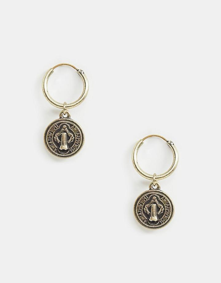 Reclaimed Vintage Inspired Hoop Earrings With Coin In Burnished Gold Exclusive At Asos - Gold