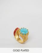 Ottoman Hands Turquoise & Red Stone Statement Ring - Gold