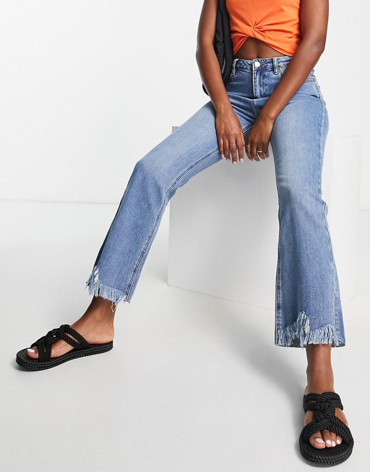 Urban Revivo Flare Straight Leg Jeans With Raw Hem Edge In Light Blue