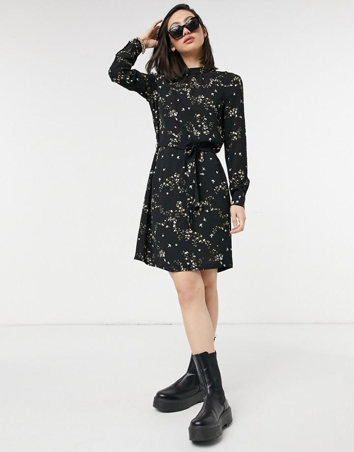Only High Neck Belt Dress In Black Floral Print