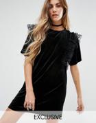 Reclaimed Vintage Velvet T-shirt Dress With Frill Detail - Black