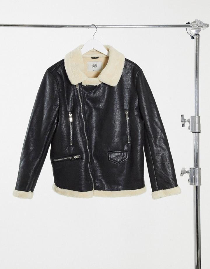 Sixth June Faux Fur Lined Aviator Jacket In Black