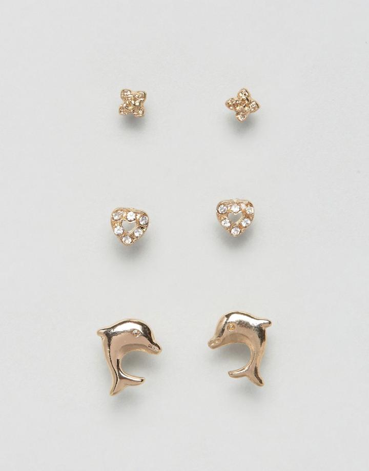 Asos Pack Of 3 Dolphin Stud Earring Pack - Gold