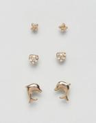 Asos Pack Of 3 Dolphin Stud Earring Pack - Gold