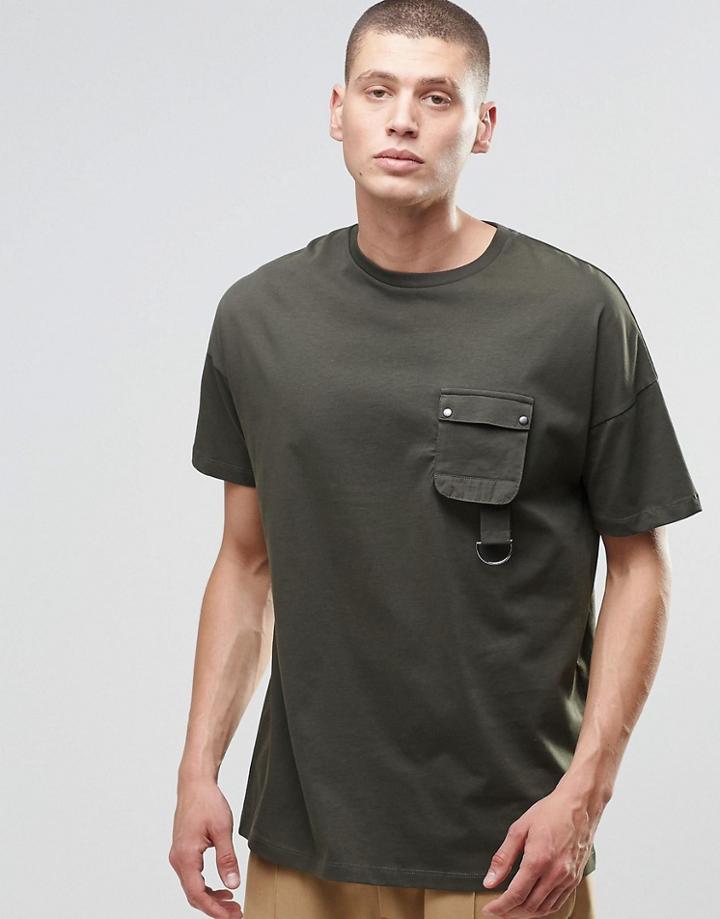 Asos Oversized T-shirt With Military Style Pocket And D Ring Detail - Green As Ls Sample