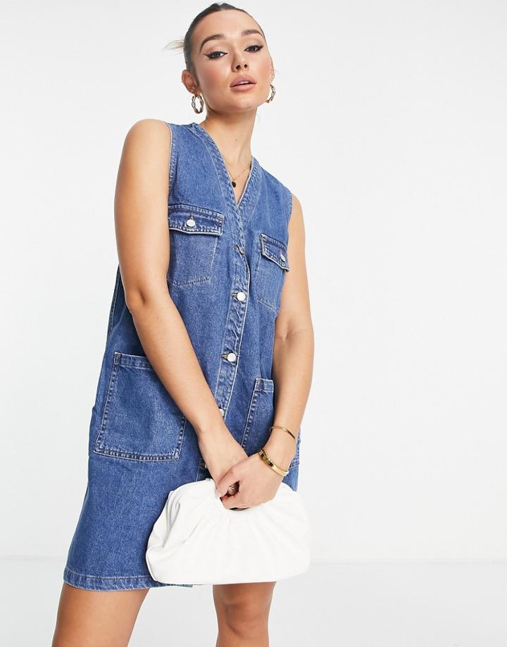 Envii Organic Cotton Sleeveless Denim Shift Dress With Pocket Details-blue