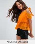 Asos Tall Tie Strap Cold Shoulder Tiered Pleated Sun Top - Purple