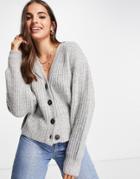 Asos Design Chunky V Neck Cardigan In Wool Blend In Dark Gray-grey