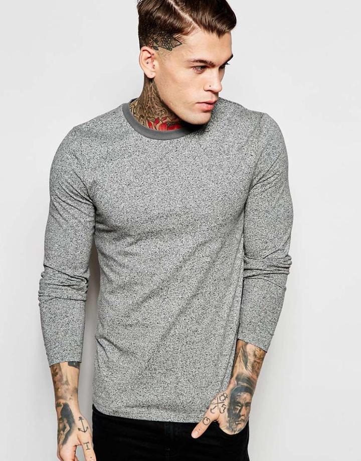 Asos Twisted Yarn Muscle Long Sleeve T-shirt With Contrast Neck Trim - Gray