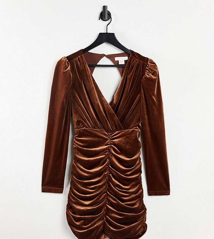 Collective The Label Petite Backless Velvet Ruched Mini Dress In Brown-green