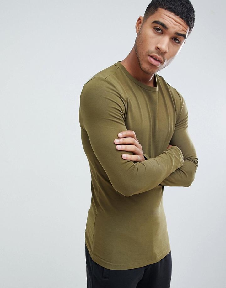 Asos Design Muscle Fit Long Sleeve Crew Neck T-shirt With Stretch In Green - Green