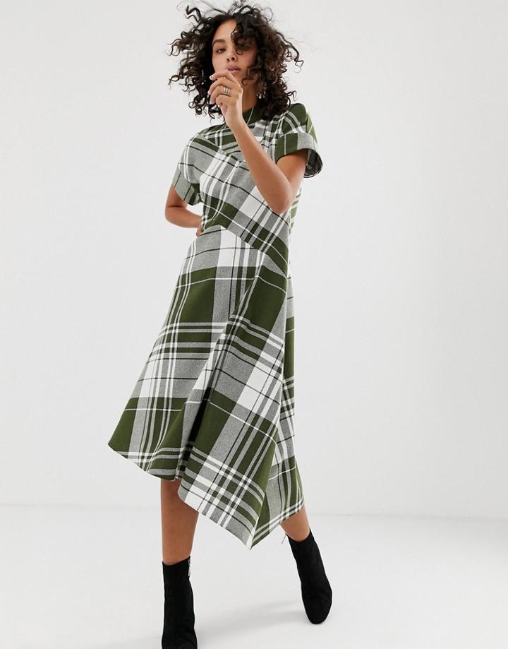 Asos White Asymmetric High Neck Dress In Check-green