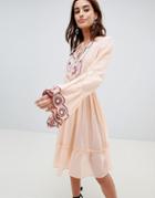 Anmol Mini Embroidered Plunge Neck Beach Dress With Frill Layer-multi