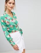 Prettylittlething Floral Wrap Blouse - Green
