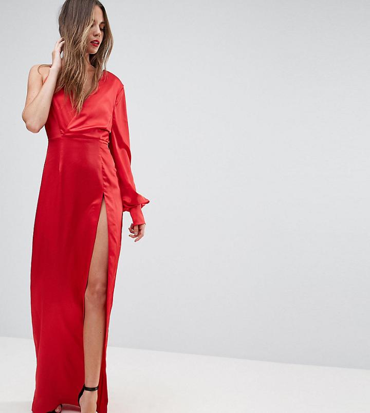 Ttya Black One Shoulder Maxi Dress With High Thigh Split-red