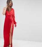 Ttya Black One Shoulder Maxi Dress With High Thigh Split-red
