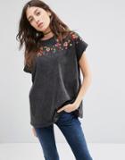 Asos T-shirt In Acid Wash With Floral Embroidery - Black