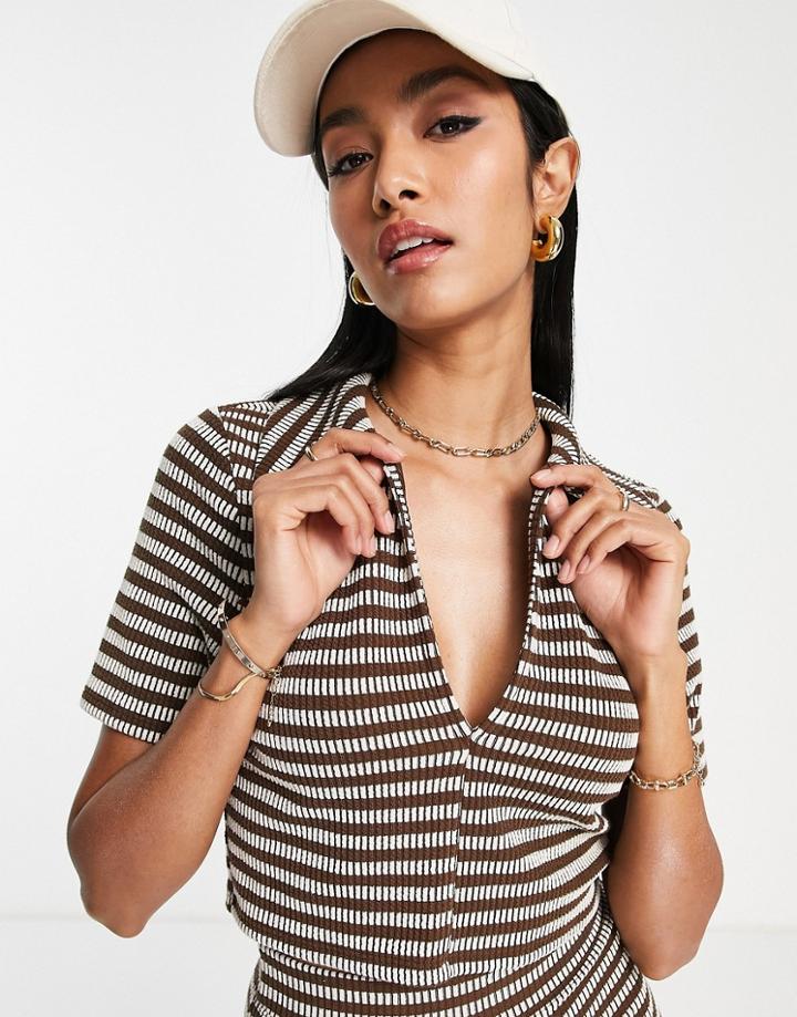 Topshop Stripe Rib V Neck Collar Crop Top In Brown Stripe - Part Of A Set-black