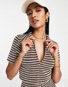 Topshop Stripe Rib V Neck Collar Crop Top In Brown Stripe - Part Of A Set-black