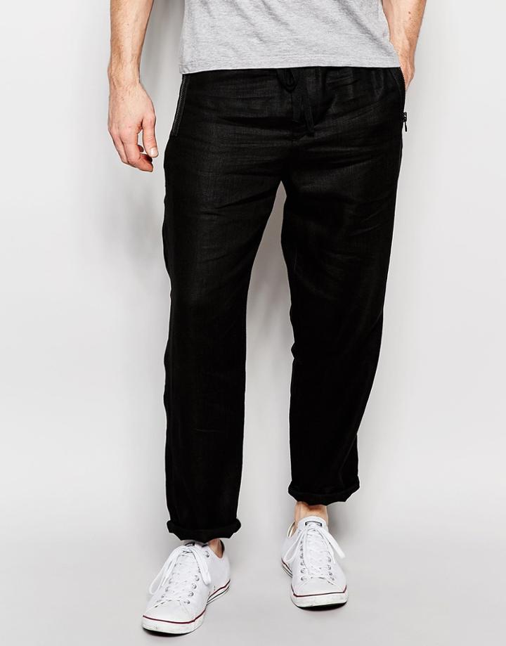 Asos Skinny Joggers In Lightweight Linen Look Fabric With Zip Detail - Black