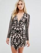 Love Triangle Plunge Front Long Sleeve Sequin Mini Dress - Black