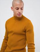 Asos Design Muscle Fit Ribbed Roll Neck Sweater In Mustard-yellow