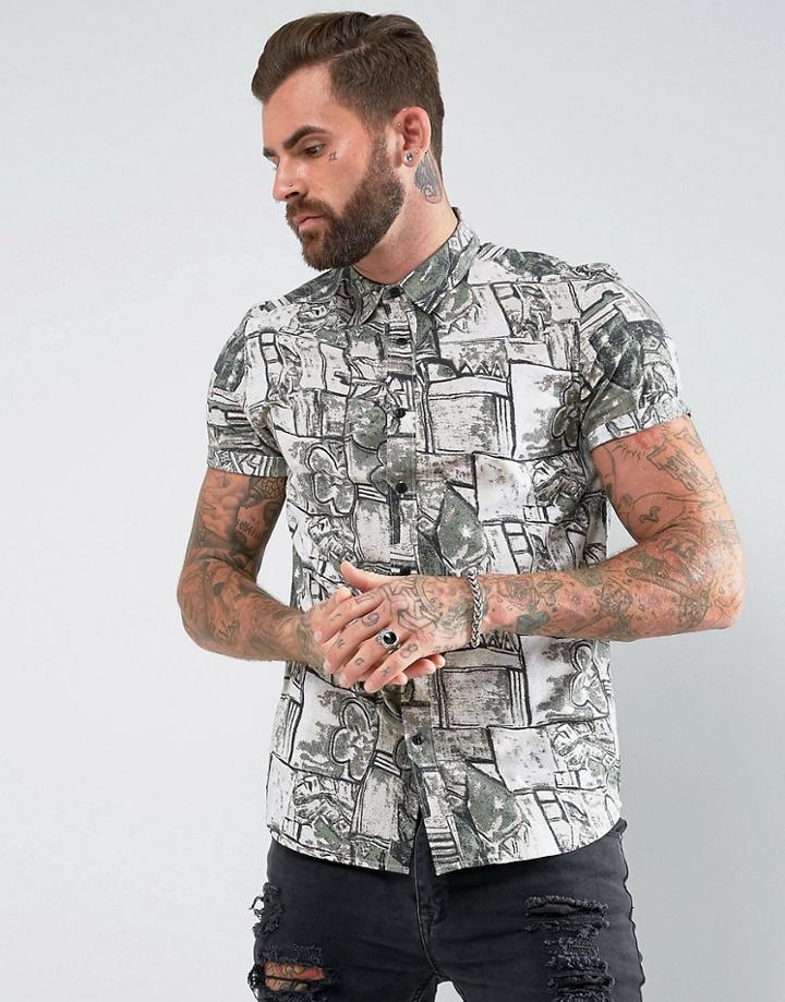 Asos Regular Fit Shirt In Vintage Style Print - White