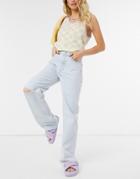 Pull & Bear Dad Jeans With Rips In Blue-blues