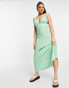 Asos Design Plunge Maxi Dress In Green Based Ditsy Floral Print-multi