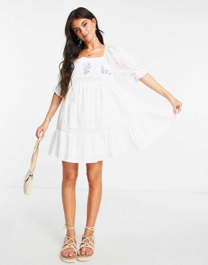 Asos Design Lace Insert Mini Smock Dress With Floral Embroidery In White