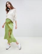 Asos Design Satin Maxi Skirt With Lace Inserts - Green