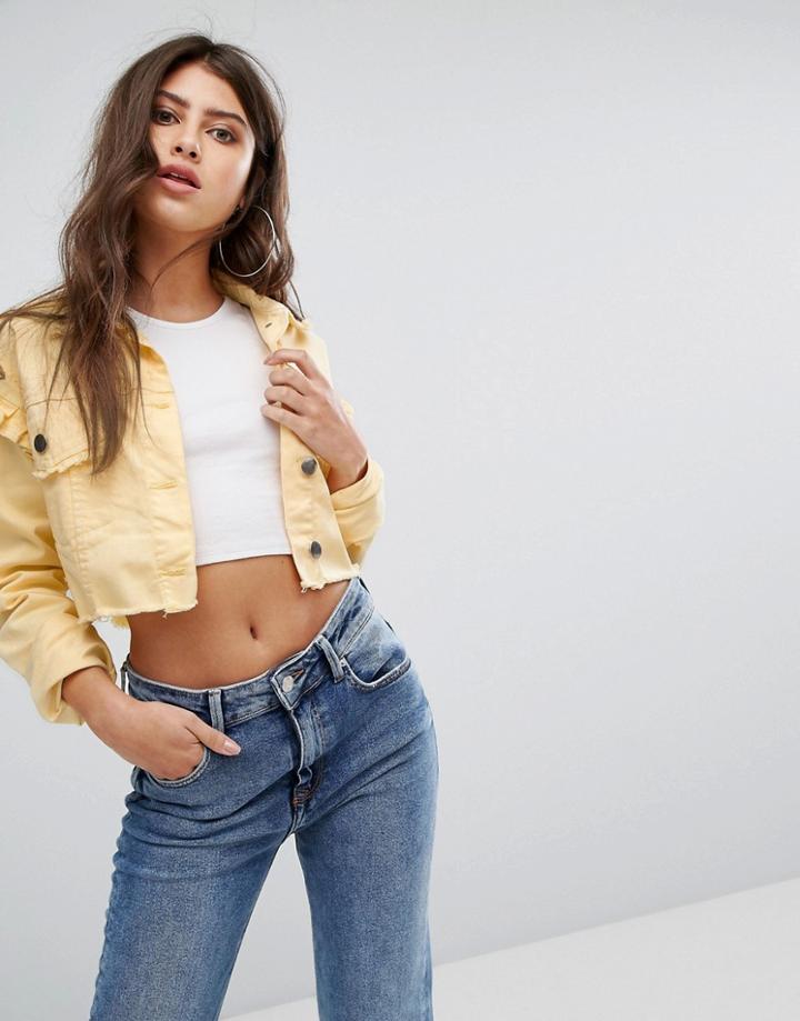 Prettylittlething Ruffle Crop Denim Jacket - Yellow