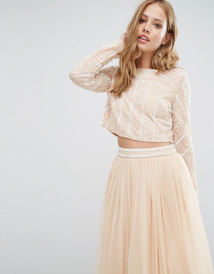 Maya Embellished Long Sleeved Crop Top - Pink